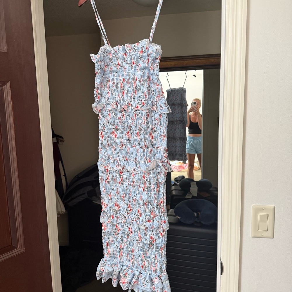 Commense Blue and Red Floral Smocked Dress